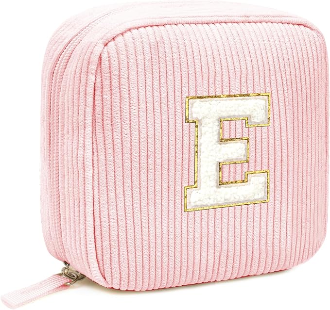 Cute Makeup Bag for Women - Monogram Personalized Initial Makeup Bags Cosmetic Pouch Pink Make Up Case for Women Her Best Friend Friendship Sister Teacher, Birthday Gifts for Girls (Letter E, Pink)