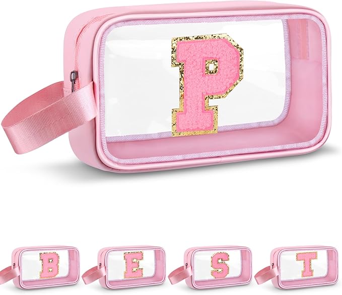 Vodolo Initial Makeup Bag,Letter P Cute Clear Monogrammed Cosmetic Travel Bag for Womens Girls,Personalized Pink Aesthetic Traveling Make Up Organizer Bag for Beach,Waterproof Toiletry Bag