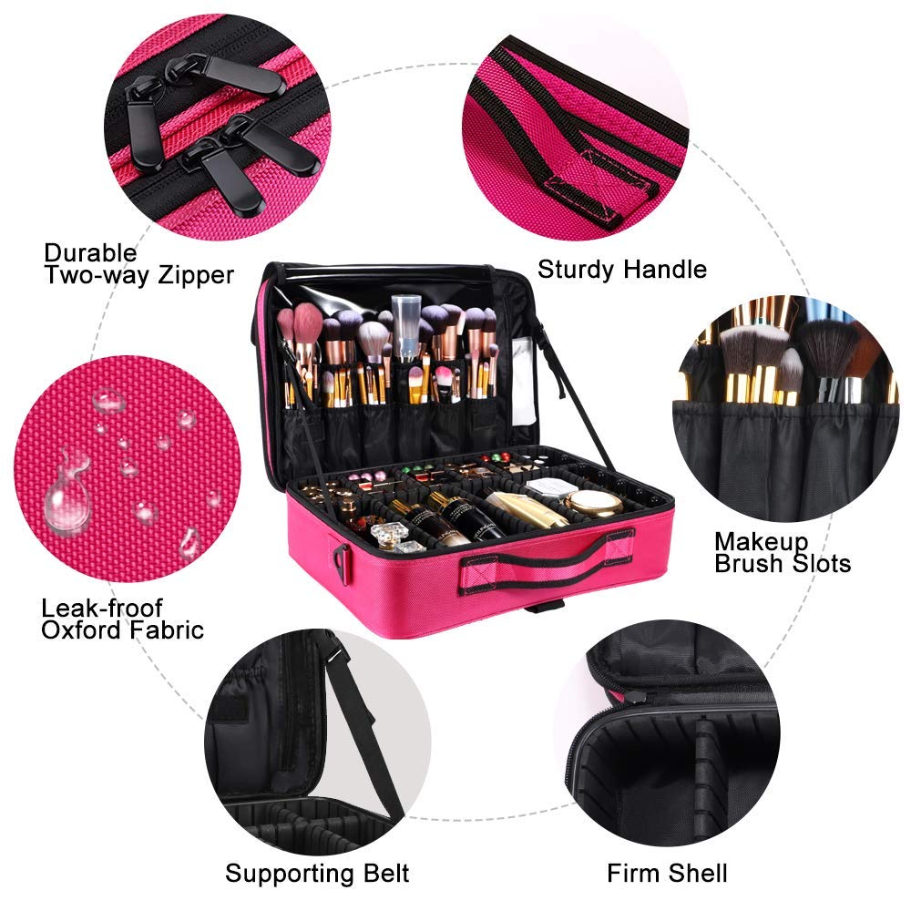 gzcz Travel Makeup Bag,Professional Cosmetic Bags for Women,Portable Makeup Brush Case Organizer Storage with Adjustable Dividers and Shoulder Strap (Medium)