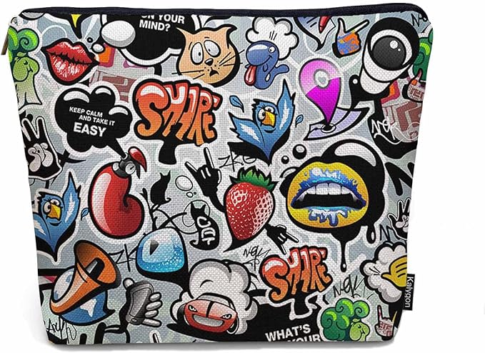 Kalygon Women Cosmetic Bag Graffiti, Rainbow Graffiti Social Media Signs Cute Makeup Bag For Purse Cosmetic Travel Bag For Toiletries Makeup Storage Bag Flax Skincare Bag Make Up Pouch Bags