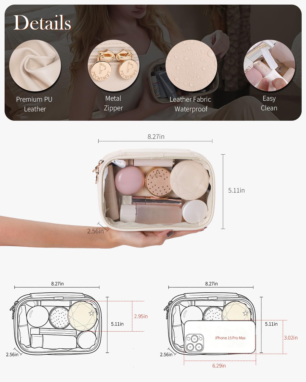 Pocmimut Mini Makeup Bag with Small Cosmetic Bag Travel Essentials Organizers,TSA Approved Toiletry Bag Makeup Pouch Clear Cosmetic Bags for Women,Beige