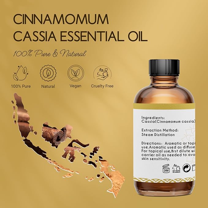 LOTUSJOY Cassia Cinnamon Bark Essential Oil for Body, Massage, Room Spray, Diffuser, DIY Home Crafts- 4 Oz