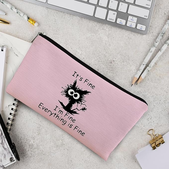 BARPERY Black Cat Makeup Bag - Funny 'I'm Fine' Cosmetic Bag, Pink Zipper Travel Toiletry Bag for Cat Lovers, Teen Girls & Cat Owners Gifts
