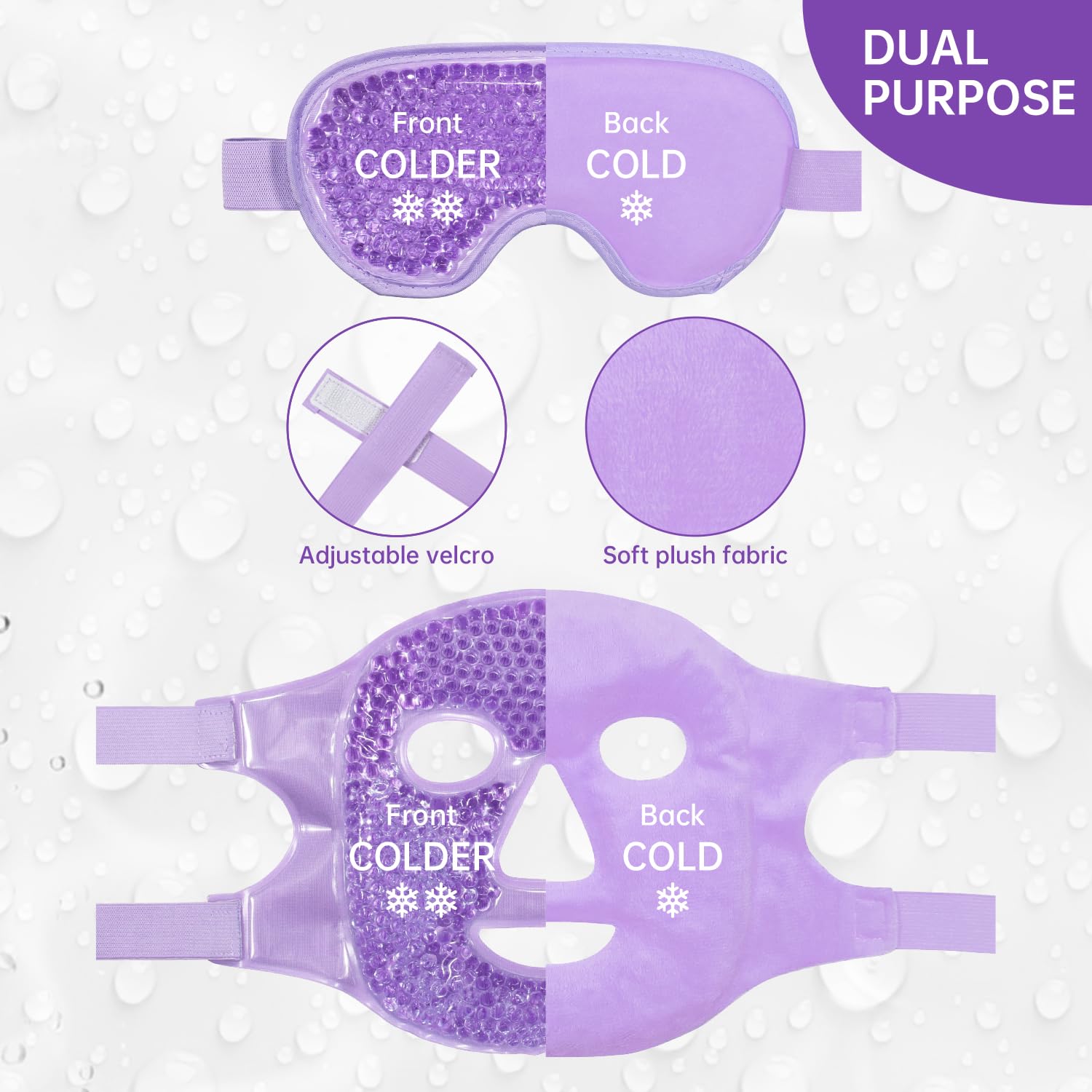 ZNÖCUETÖD Cooling Ice Face Eye Mask for Reducing Puffiness, Bags Under Eyes,Sinus,Redness,Pain Relief,Dark Circles, Migraine,Hot/Cold Pack with Soft Plush Backing (Purple(1* Eye Mask+1*Face Mask))