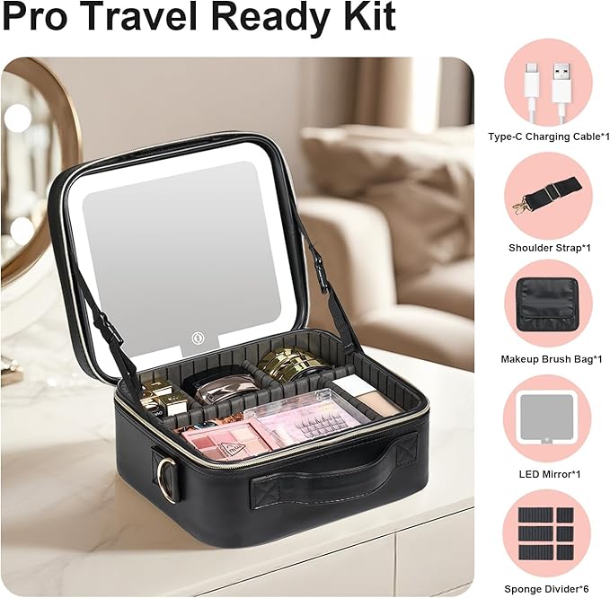 BEAUTY CASE Makeup Bag with Led Mirror, 10 Inch Portable Cosmetic Vanity Organizer Case with Adjustable Dividers, USB Charging, Large Capacity, Ideal for Travel, Gift for Women Girls, Black