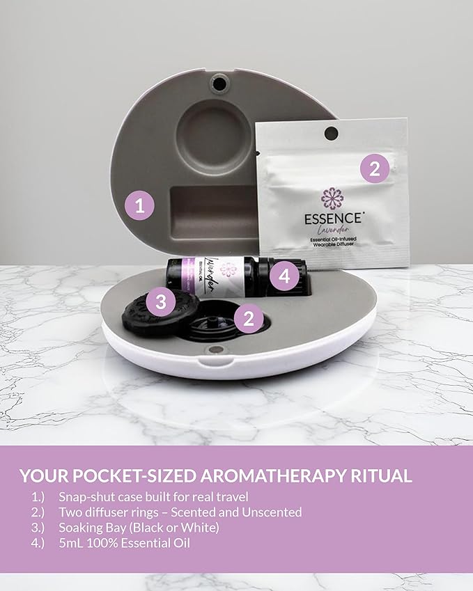 Essence Pearl Travel Case | Lavender Essential Oil | Aromatherapy Nasal Diffuser & Essential Oil Carrying Case | Calming Lavender Oil Scent | Travel-Friendly Kit | Black Pod