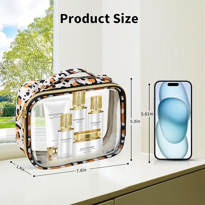 FAYORORY TSA Approved Travel Toiletry Bag,3 Pack Clear Makeup Bags with Handles,Quart Size Clear Cosmetic Bags for Traveling Women,Men,Carry on Airport Airline Compliant Bag,Leopard