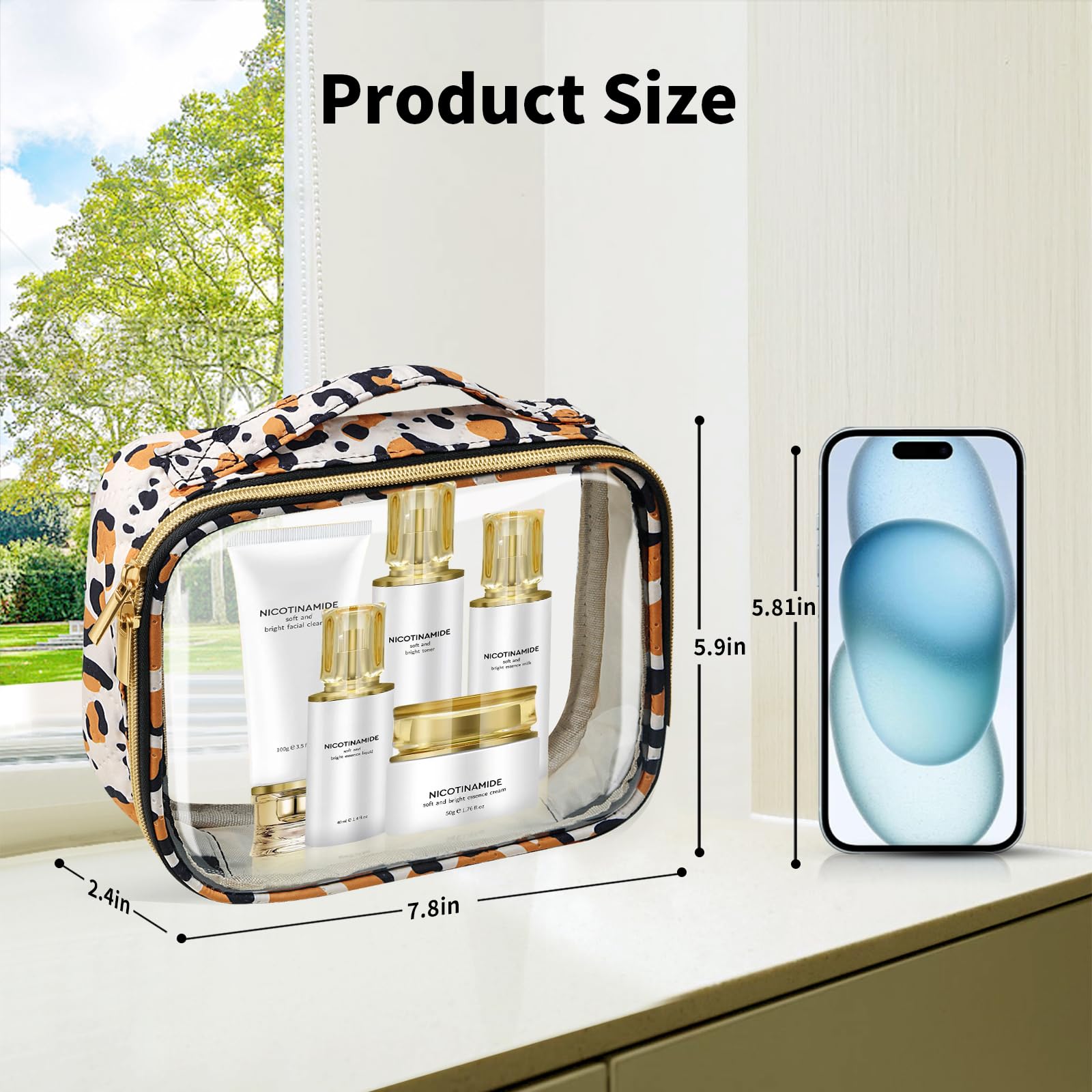 FAYORORY TSA Approved Travel Toiletry Bag,3 Pack Clear Makeup Bags with Handles,Quart Size Clear Cosmetic Bags for Traveling Women,Men,Carry on Airport Airline Compliant Bag,Leopard