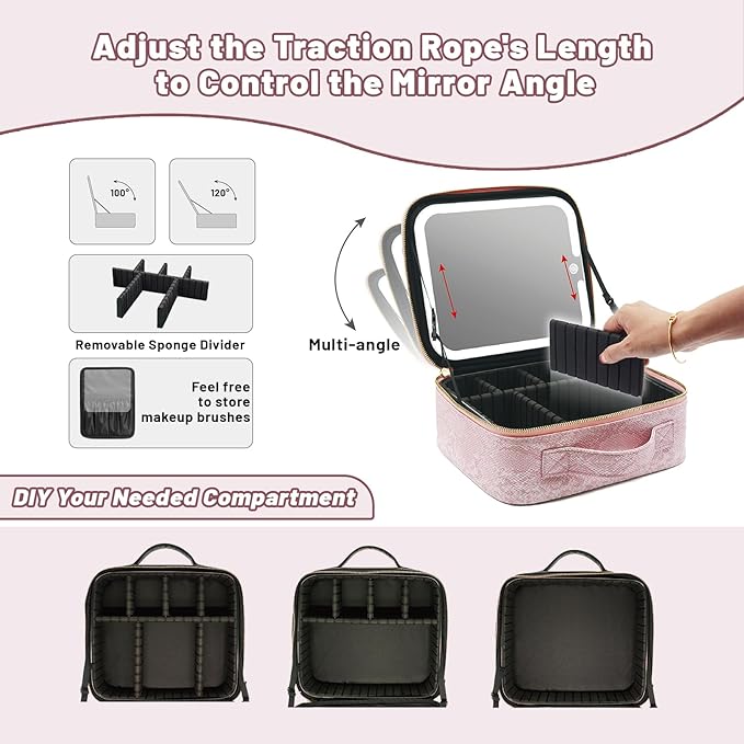 PRALENA Travel Makeup Bag with LED Mirror – 3 Brightness Modes, Portable Lighted Makeup Case with Adjustable Dividers, Cosmetic Organizer Gift for Women (Pink)