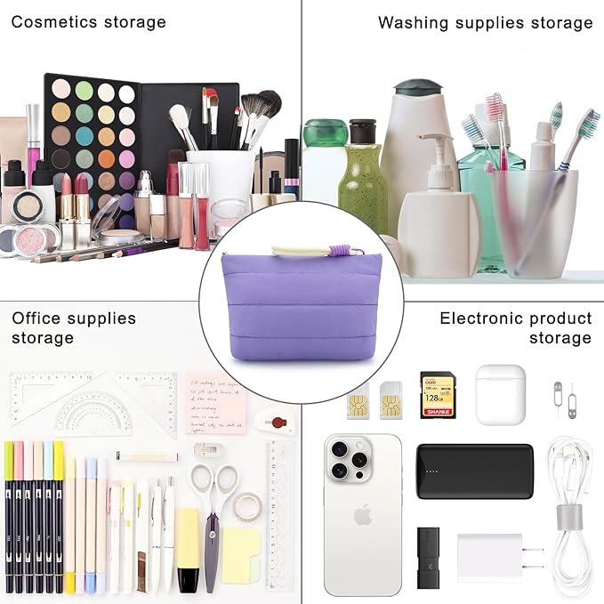 DOB SECHS Striped Quilted Makeup Bag with Wristlet Handle Cute Puffy Cotton Cosmetic Bag for Women Small Puffer Toiletry Zipper Make Up Pouch Quilt Clutch Bag Travel Organizer Storage Pouches, Purple