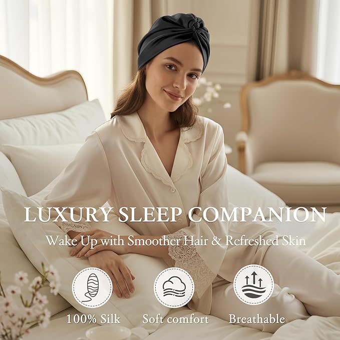 SYSERAN 100% Mulberry Silk Bonnet for Sleeping - Women Natural Curly Hair Night Cap Luxury Sleep Head Wrap with Elastic Band(Black)