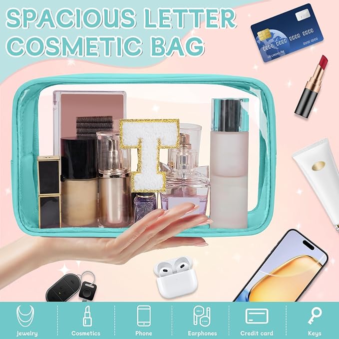 Personalized Initial Clear Makeup Bag, Travel Chenille Patch Cosmetic Bag, Preppy Toiletry Bag Monogram Cosmetic Pouch with Zipper, Ideal Gift for Teen Girls Women (Clear-Green, T)