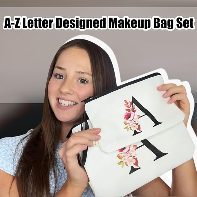 Vavabox A-Z Personalized Makeup Bag, Birthday Gifts for Women Mom, Gifts for Best Friend, Bride Bridesmaid Cosmetic bag (M, 03-White Set)