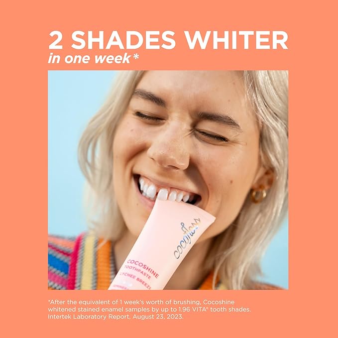 Cocoshine Teeth Whitening Toothpaste by Cocolab, Nano-Hydroxyapatite Toothpaste, Non-Fluoride with Xylitol and Coconut Oil, Gently Formulated for Sensitive Teeth, Adults and Kids, Lychee Breeze,3.4Oz