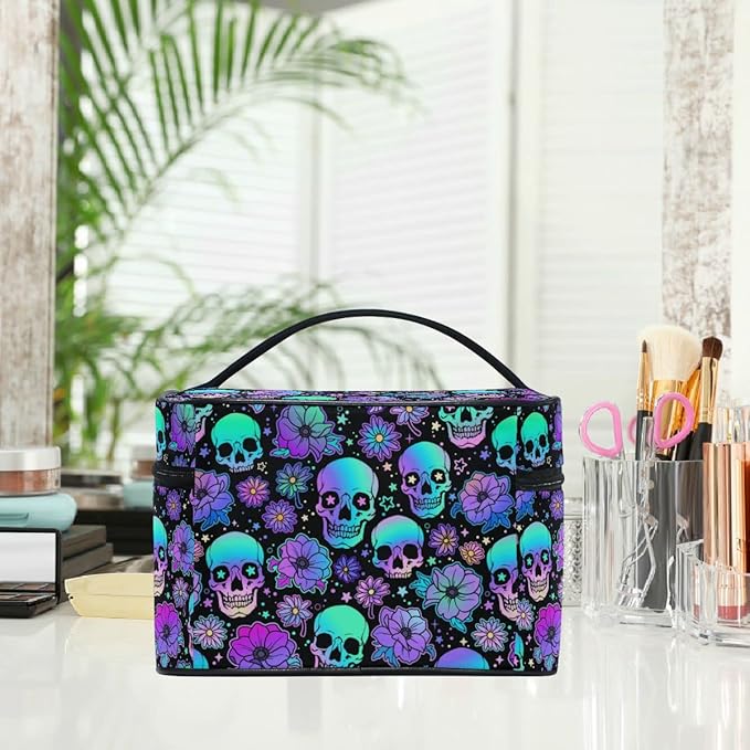 MNSRUU Goth Skull Makeup Bag, Gothic Skull Flowers Makeup Organizer Bags Toiletry Bag Box Travel Cosmetic Bag Make Up Train Case for Women Teen Girl Ladies