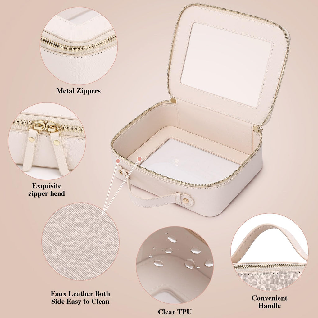Pinkmik Clear Makeup Bag for Women Waterproof Travel Cosmetics and Toiletries Case Portable Makeup Oaganizer Bag Clear Car Bag with Zipper (Beige, M+L)