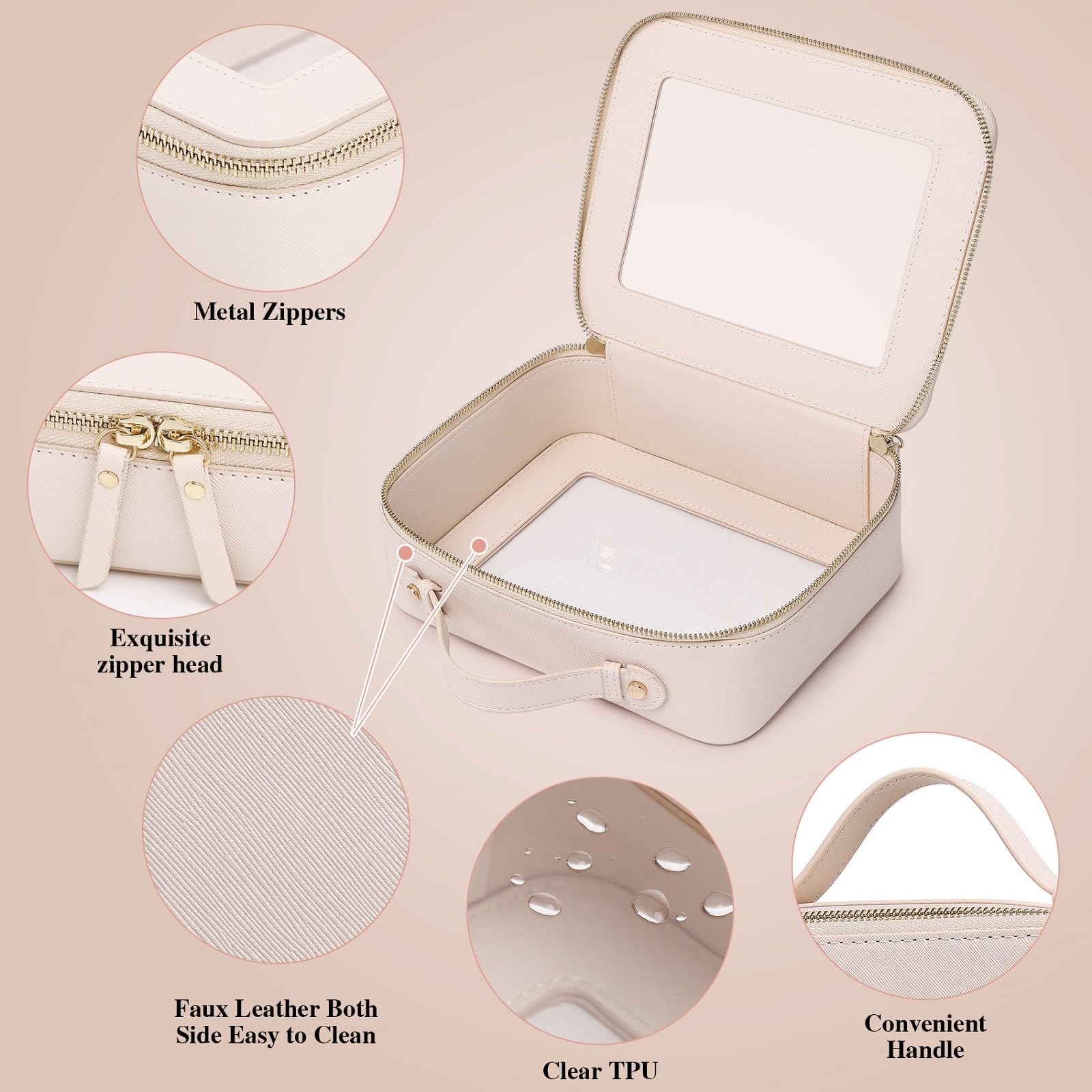 Pinkmik Clear Makeup Bag for Women Waterproof Travel Cosmetics and Toiletries Case Portable Makeup Oaganizer Bag Clear Car Bag with Zipper (Beige, M+L)