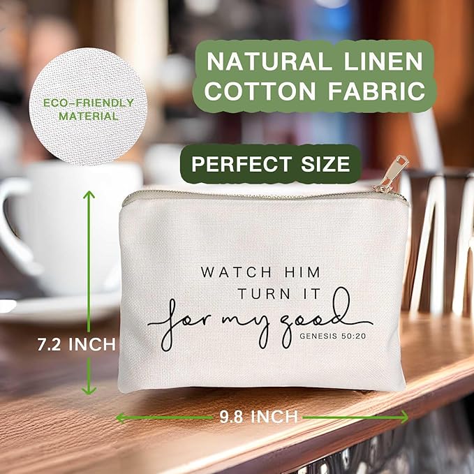 HubbgDesign Watch Him Turn It For My Good Makeup Bag Christian Quote Faith Bible Scripture Sayings Makeup Case Linen Cotton Travel Bag Makeup Pouch Sister Gift