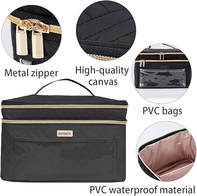 BAFAMYE 8.8L Double Layer Travel Makeup Bag Women, Large Cosmetic Case, Organizer for Travel-Size Accessories Bottles, Brushes, and Skin Care Products, Black 2.33 GAL
