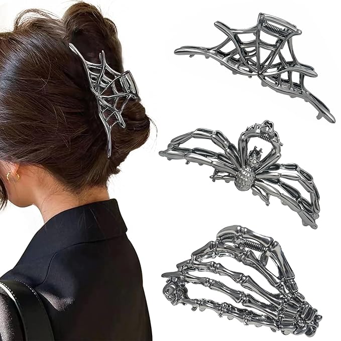 Parcce 3 Pieces Large Metal Spider Net Hand Hair Claw Clips for Women and Girls Thick Long Hair, Nonslip Skeleton Spooky Barrette Headband Hair Styling Accessories for Halloween