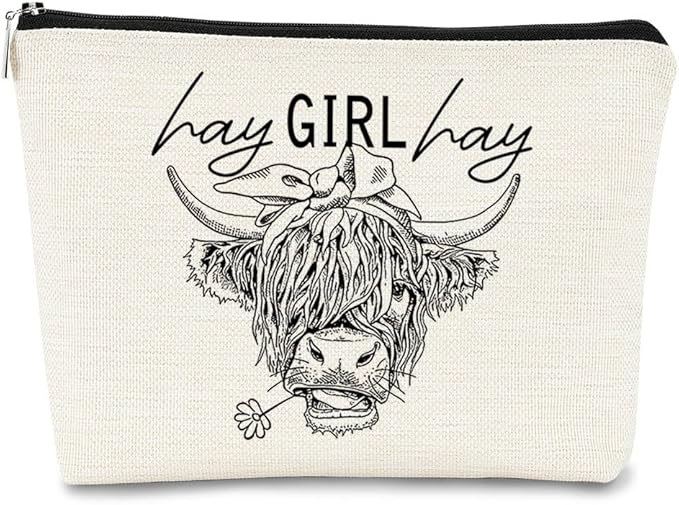 BARPERY Funny Cow Small Makeup Bag - Cow Lovers Farm Girls Gift, Hay Girl Cosmetic Bag for Birthday or Christmas