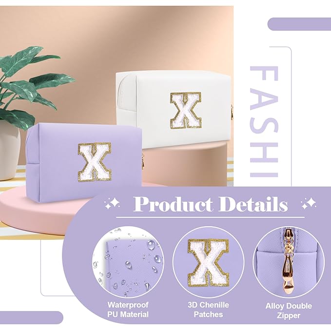 Personalized Makeup Bag Initial A-Z Preppy Patch Bag,Small PU Leather Travel Cosmetic Bag Pouch with Zipper,Purple Cute Toiletry Bag,Gift Ideal for Teen Girls Women Birthday Friend Mom,Latter X