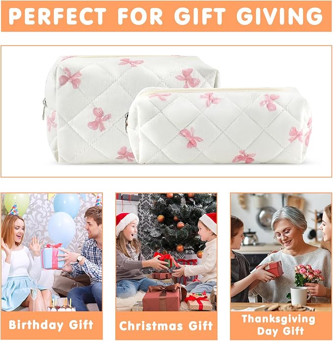 URSKYTOUS 2Pcs Cotton Quilted Makeup Bag for Women Small Coquette Cosmetic Bags Cute Zipper Pink Bow Makeup Pouch Aesthetic Portable Pencil Case Travel Toiletry Bag Trendy Cloth Skincare Bags