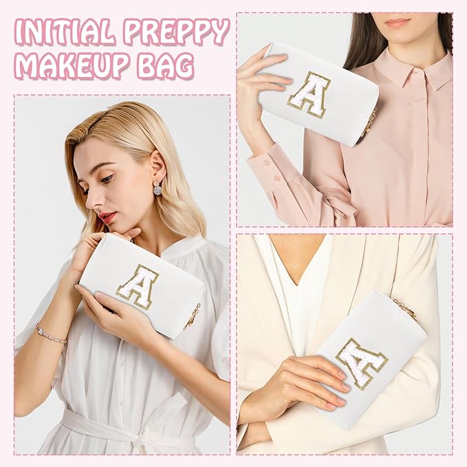Personalized Initial Preppy Patch Makeup Bag, Small Travel Cute Cosmetic Pouch Makeup Case Organizer Toiletry Zipper Pouch, Waterproof Chenille Letter Storage Bag Gift for Women Friendship(Letter A)