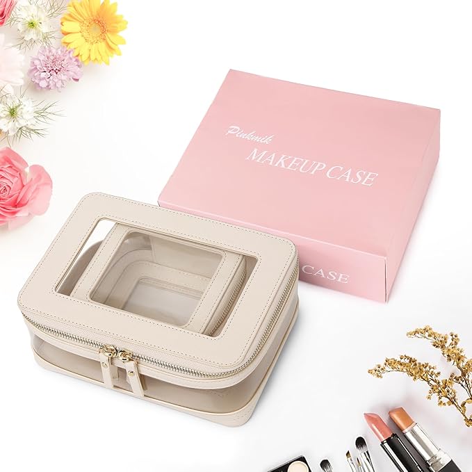 Pinkmik Clear Makeup Bag with Zipper, Beige, M+MINI-1