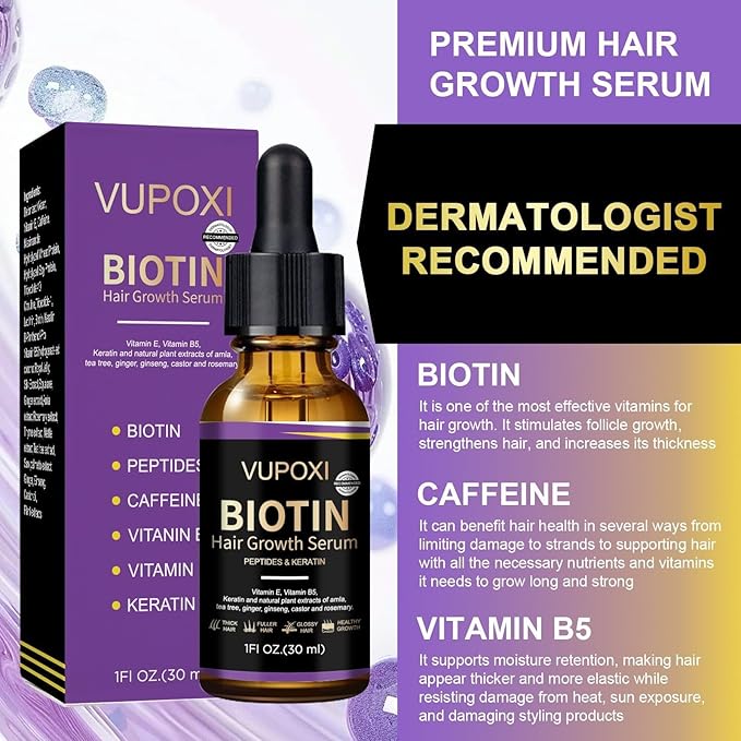 Biotin Hair Growth Serum - Topical Biotin Hair Serum for Hair Growth Infused with Peptides, Keratin, Caffeine, and Vitamins, All Hair Types 1 Fl Oz