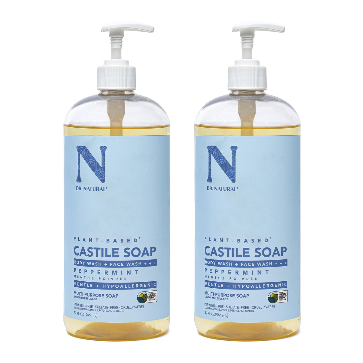 Dr. Natural Castile Liquid Soap - Multi-Use Body Wash, Shampoo and Face Wash - Hydrating Body Soap for Skin, Hair, Pets and Home - Eucalyptus - 32 oz