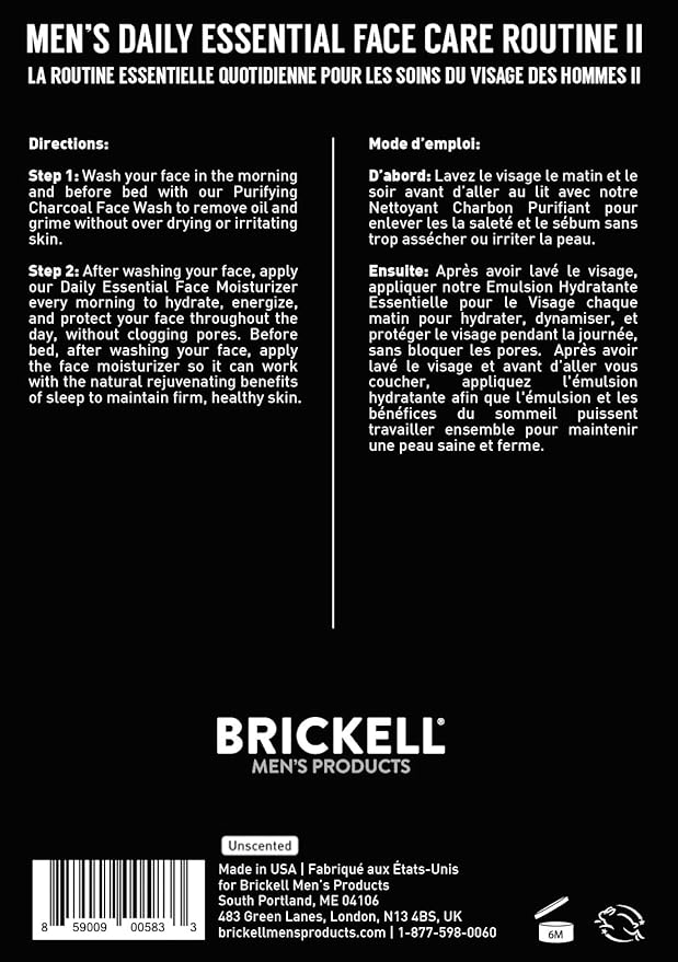 Brickell Men's Daily Essential Face Care Routine II, Purifying Charcoal Face Wash and Daily Essential Face Moisturizer, With Activated Charcoal, Hyaluronic Acid, and Aloe, Unscented, Skincare Gift Set