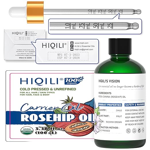 HIQILI Organic Rosehip Seed Oil Cold Pressed for Face Care & Hydrating Skin