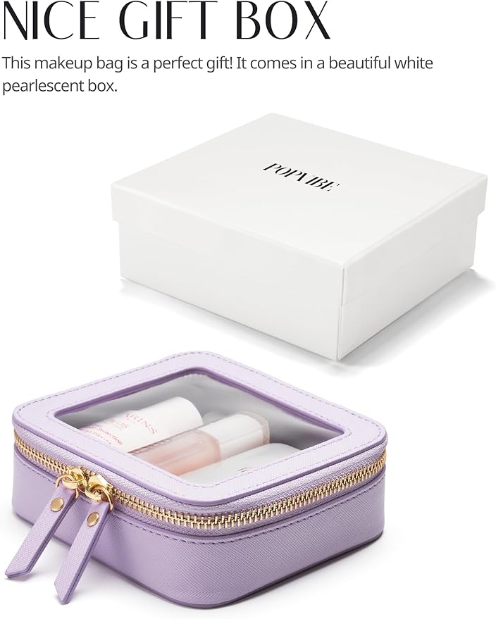 Small Cosmetic Bag for Purse Mini Makeup Bag for School Cute Clear Make Up Pouch for Travel Tiny Leather Purple Make Up Organizer Case for Backpack Toiletry Bag Waterproof Square Pouch with Zipper