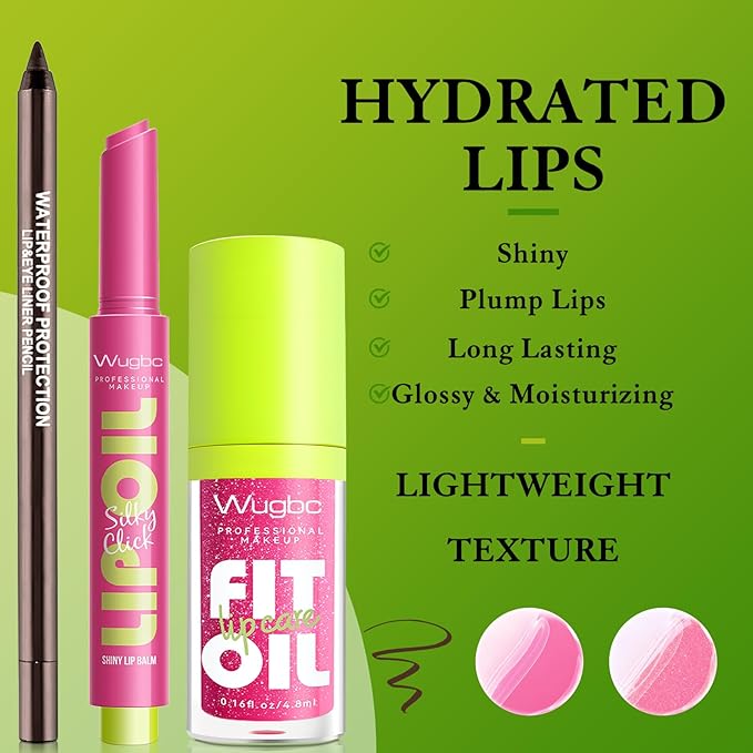 Wugbc Brown Lip Liner & Pink Lip Gloss Set Moisturizing Lip Kit, Smooth Dark Brown Lip Liner Pencil Hydrating Lip Tinted Oil Non Sticky Lip Click Balm Lightweight Long Lasting Daily Lip Care for Women