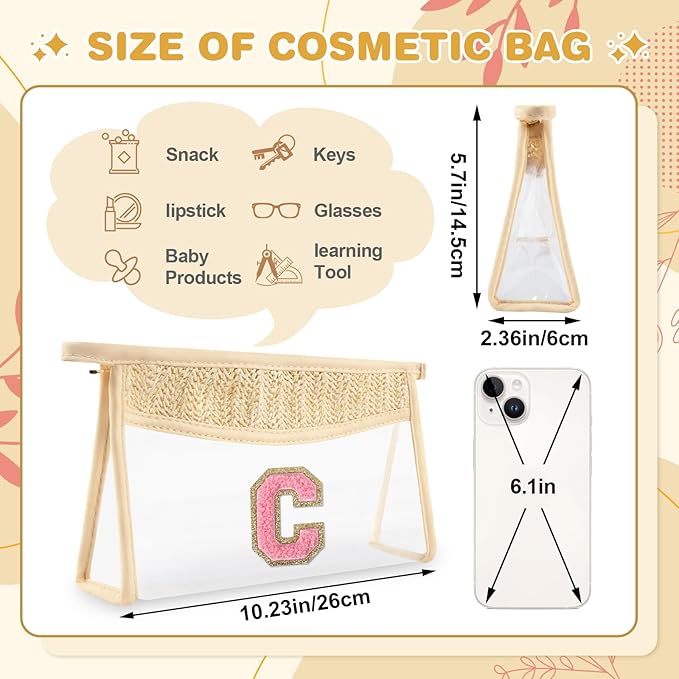Small Boho Straw Initial Letter Makeup Bag Personalized Gift,Cute Clear Chenille Patch Makeup Bag With Zipper,Trendy TSA Approved Travel Toiletry Bag,Gift for Women Girls Birthday Friend, Letter C