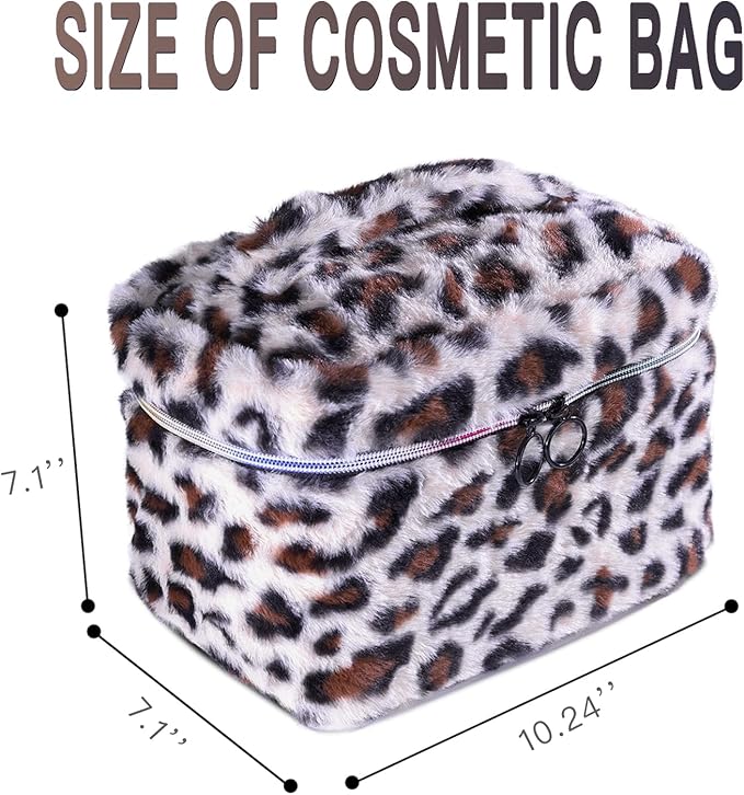 imerelez Plush Makeup Bag for Women, Leopard Print Faux Fur Travel Cosmetic Organizer, 10.2 x 7 x 7 in Soft Fluffy Toiletry Bag for Makeup, Skincare and Beauty Essentials (Beige)