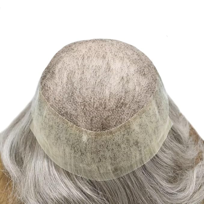 F M FACE MIRACLE NEW YORK Mens Toupee Human Hair Piece French Lace Toupee for Man Hair System Indian Human Hair Replacement Systems V-Looped PU Front Hairpieces 7"X9" #370 Dark Brown with 70% Gray