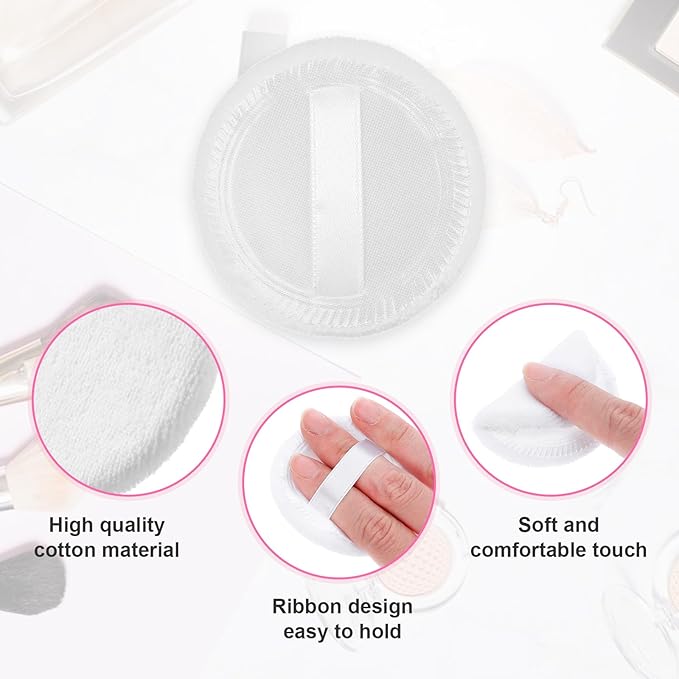 Cotton Puff, 10 Pcs Makeup Puff for Face, 2.36 inch Cosmetic Puffs Pads with Ribbon for Loose and Foundation(White)