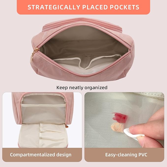 YIYIDSTO Cosmetic Bag Travel Makeup Bag Large Capacity Small Travel Zipper Pouch Makeup Organizer Bag for Women (Pink-2 Pack)