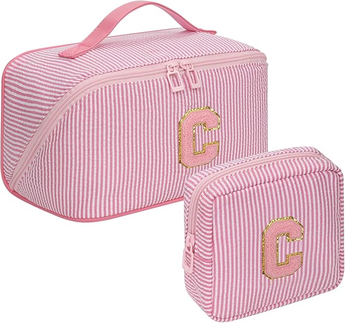 2026 Graduation Gifts - Travel Makeup Bag for Women, 2Pcs Portable Personalized Initial Makeup Organizer Bag, Open Flat Large Cosmetic Bag With Travel Essential Pouch (Pink Letter C)