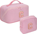 2026 Graduation Gifts - Travel Makeup Bag for Women, 2Pcs Portable Personalized Initial Makeup Organizer Bag, Open Flat Large Cosmetic Bag With Travel Essential Pouch (Pink Letter C)