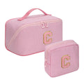 2026 Graduation Gifts - Travel Makeup Bag for Women, 2Pcs Portable Personalized Initial Makeup Organizer Bag, Open Flat Large Cosmetic Bag With Travel Essential Pouch (Pink Letter C)