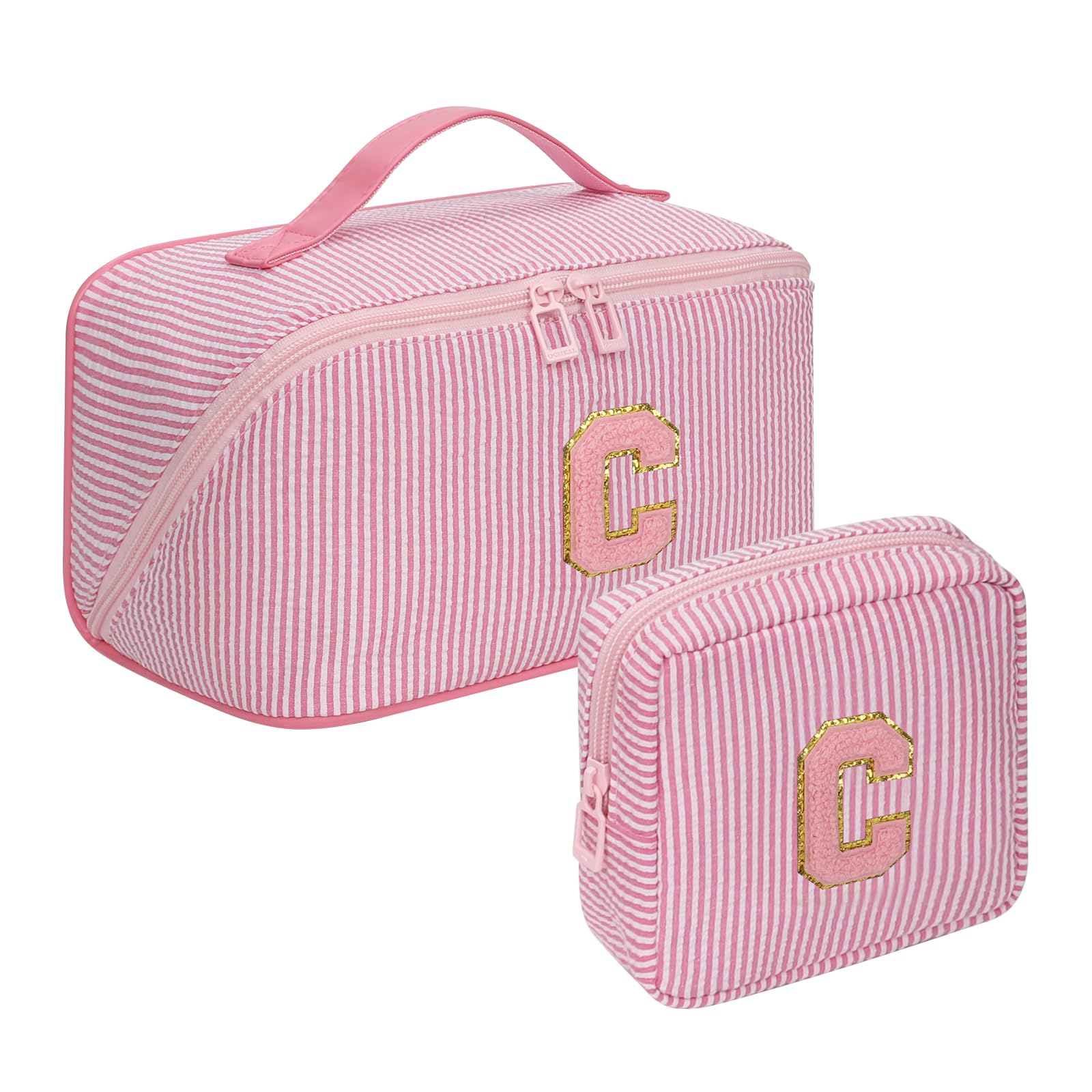 2026 Graduation Gifts - Travel Makeup Bag for Women, 2Pcs Portable Personalized Initial Makeup Organizer Bag, Open Flat Large Cosmetic Bag With Travel Essential Pouch (Pink Letter C)