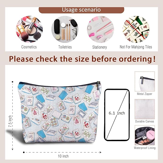 Zomhix Mahjong Gifts Cosmetic Bags for Women, Light Blue Chinoiserie Mahjong Makeup Bag, Gifts for Mah Jong Players Lovers Makeup Zipper Pouch