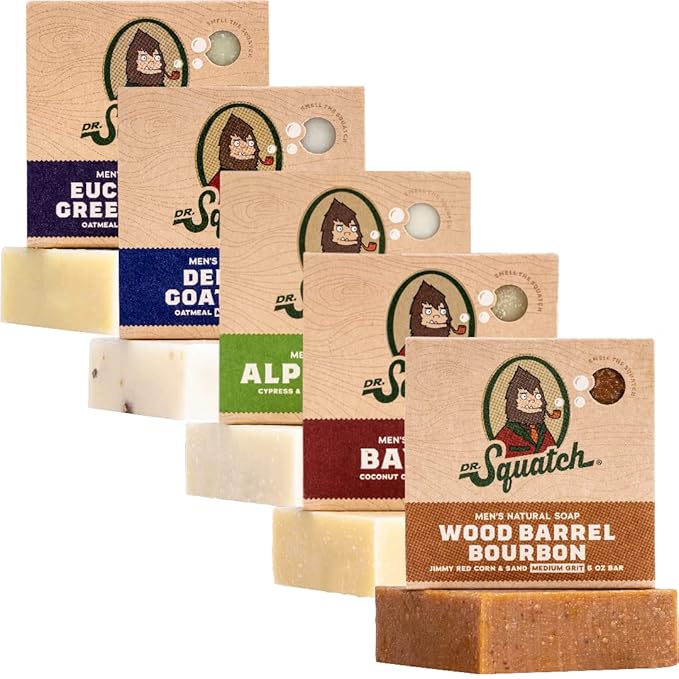 Dr. Squatch Natural Men’s Bar Soap - Cold Process Body Soap Bar with Natural Oils - Gifts for Men - Deep Sea Goat's Milk, Wood Barrel Bourbon, Eucalyptus Greek Yogurt & more (5 oz, 5-Pack)