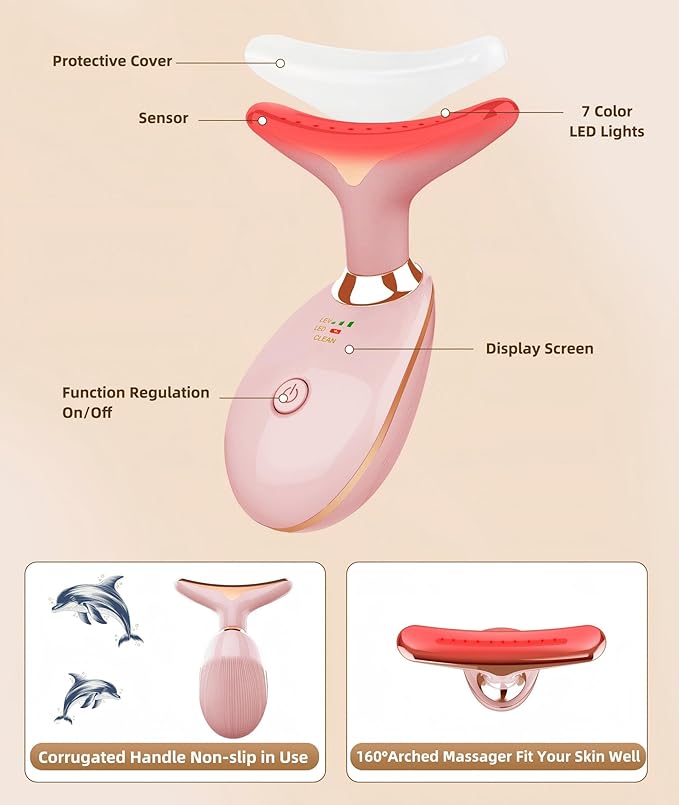 Jobazok 7 Color Face and Neck Massager Light Therapy, Red Light Based Facial Massager for Skin Care, Firming, Smoothing (Rose Golden)