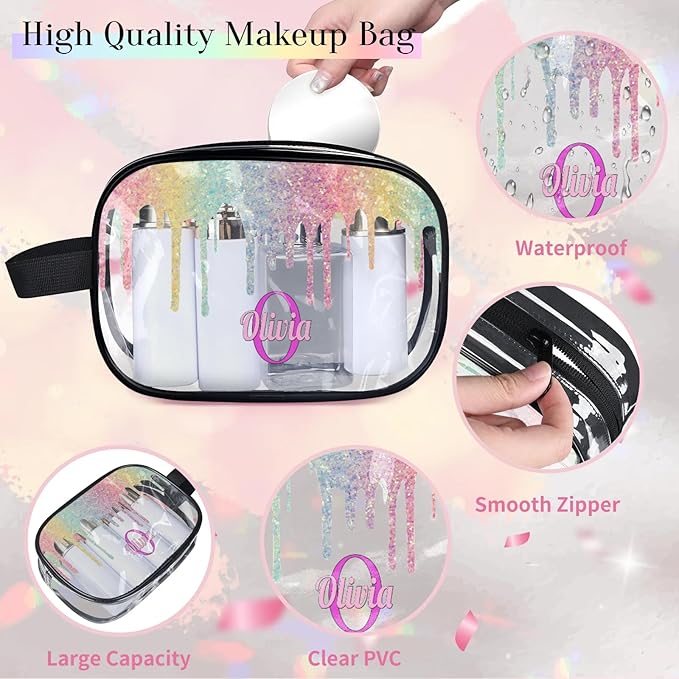 KFNHN Personalized Name Makeup Bag, Custom Women Transparent PVC Cosmetic Travel Toiletry Bag Pouch Organizer for Vacation Weekend Colorful Rainbow Sequins Water Fluid Shape