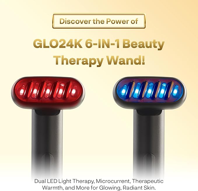 GLO24K 6-in-1 LED Beauty Wand for Face, Neck and Eye Area - Red & Blue LED Facial Wand with Gentle Warming, Vibration, Microcurrent Mode and 3 Intensity Levels