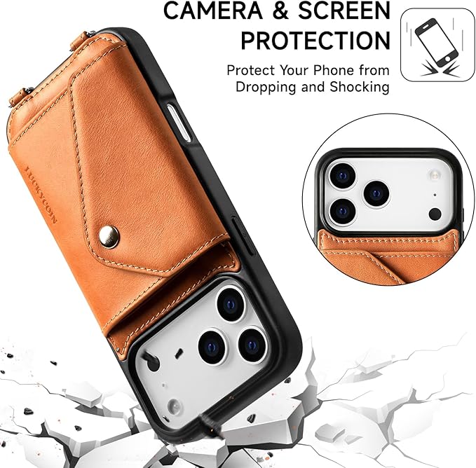 LUCKYCOIN Crossbody Phone Case for iPhone 17 Pro Max, 100% Genuine Leather Phone Wallet Case for Women, Premium Hands-Free Phone Purse with Expandable Flip Card Holder & Adjustable Strap - Retro Brown